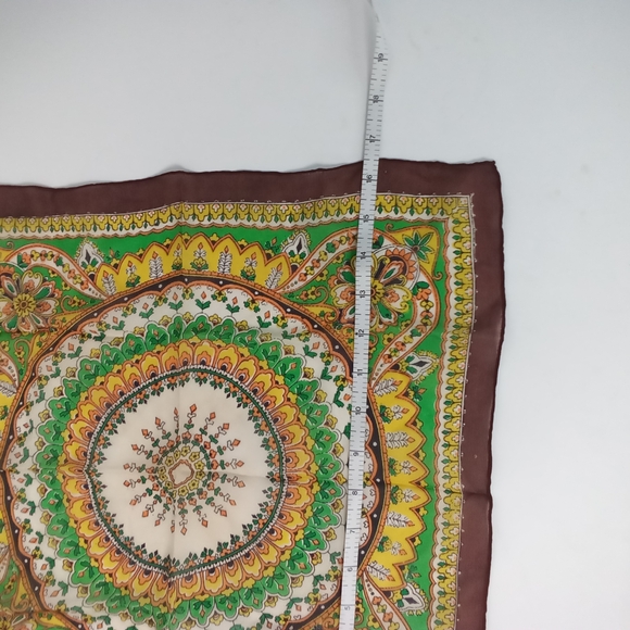 Colorful Mandala Silk Scarf Boho Brown Green Vintage - Picture 3 of 3